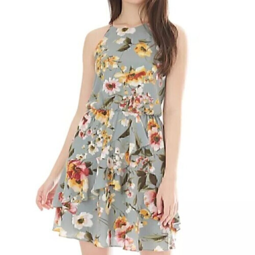 IZ BYER JUNIORS Green Pink Mustard Halter Floral Sleeveless Mini Ruffle Dress OL
